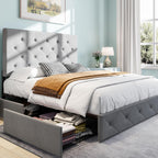 SHA CERLIN Upholstered Queen Platform Bed Frame with Adjustable Headboard and 4 Drawers Under Bed Storage, No Box Spring Needed, Diamond Stitches Button Tufted Design, Dark Grey - Grand Goldman