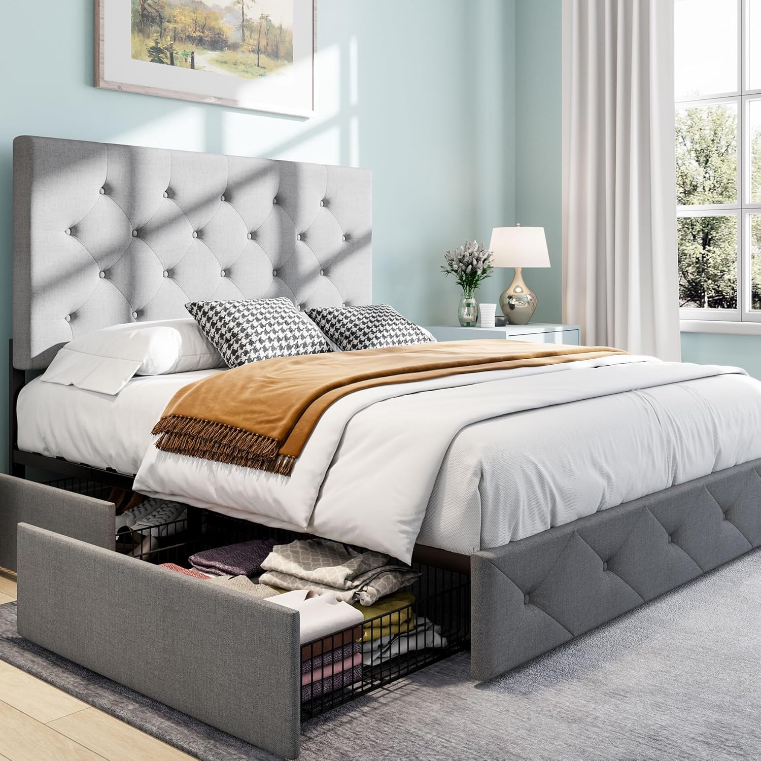 SHA CERLIN Upholstered Queen Platform Bed Frame with Adjustable Headboard and 4 Drawers Under Bed Storage, No Box Spring Needed, Diamond Stitches Button Tufted Design, Dark Grey - Grand Goldman