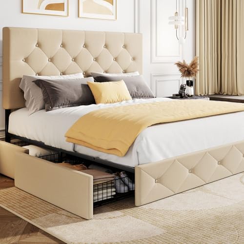 SHA CERLIN Upholstered Queen Platform Bed Frame with Adjustable Headboard and 4 Drawers Under Bed Storage, No Box Spring Needed, Diamond Stitches Button Tufted Design, Dark Grey - Grand Goldman