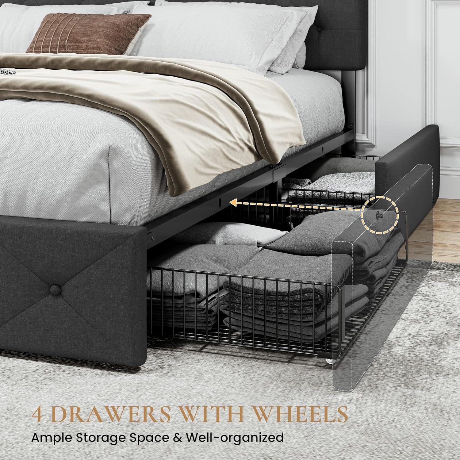 SHA CERLIN Upholstered Queen Platform Bed Frame with Adjustable Headboard and 4 Drawers Under Bed Storage, No Box Spring Needed, Diamond Stitches Button Tufted Design, Dark Grey - Grand Goldman