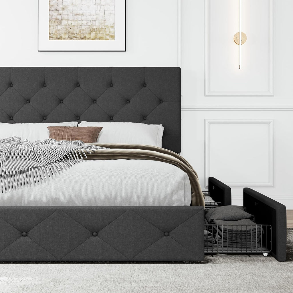 SHA CERLIN Upholstered Queen Platform Bed Frame with Adjustable Headboard and 4 Drawers Under Bed Storage, No Box Spring Needed, Diamond Stitches Button Tufted Design, Dark Grey - Grand Goldman