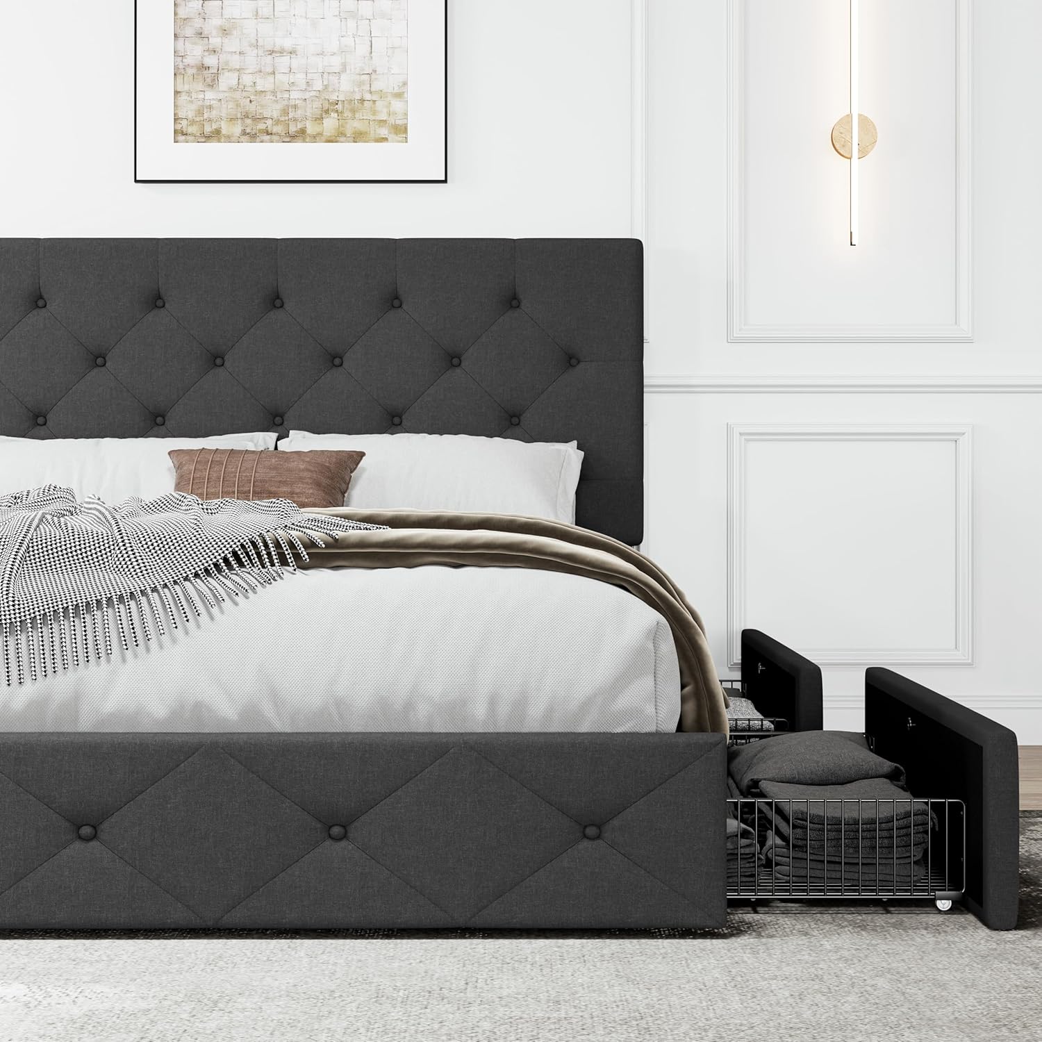 SHA CERLIN Upholstered Queen Platform Bed Frame with Adjustable Headboard and 4 Drawers Under Bed Storage, No Box Spring Needed, Diamond Stitches Button Tufted Design, Dark Grey - Grand Goldman