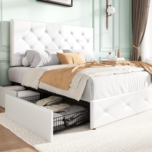 SHA CERLIN Upholstered Queen Platform Bed Frame with Adjustable Headboard and 4 Drawers Under Bed Storage, No Box Spring Needed, Diamond Stitches Button Tufted Design, Dark Grey - Grand Goldman