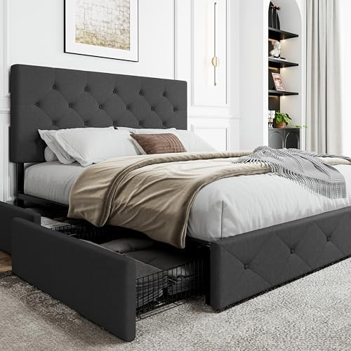 SHA CERLIN Upholstered Queen Platform Bed Frame with Adjustable Headboard and 4 Drawers Under Bed Storage, No Box Spring Needed, Diamond Stitches Button Tufted Design, Dark Grey - Grand Goldman