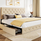 SHA CERLIN Upholstered Queen Platform Bed Frame with Adjustable Headboard and 4 Drawers Under Bed Storage, No Box Spring Needed, Diamond Stitches Button Tufted Design, Dark Grey - Grand Goldman