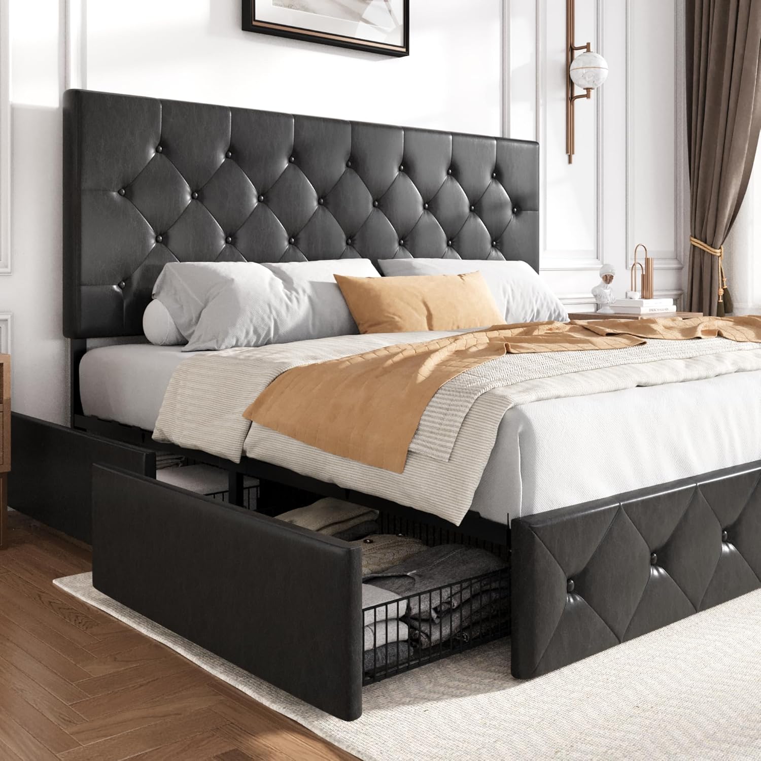 SHA CERLIN Upholstered Queen Platform Bed Frame with Adjustable Headboard and 4 Drawers Under Bed Storage, No Box Spring Needed, Diamond Stitches Button Tufted Design, Dark Grey - Grand Goldman