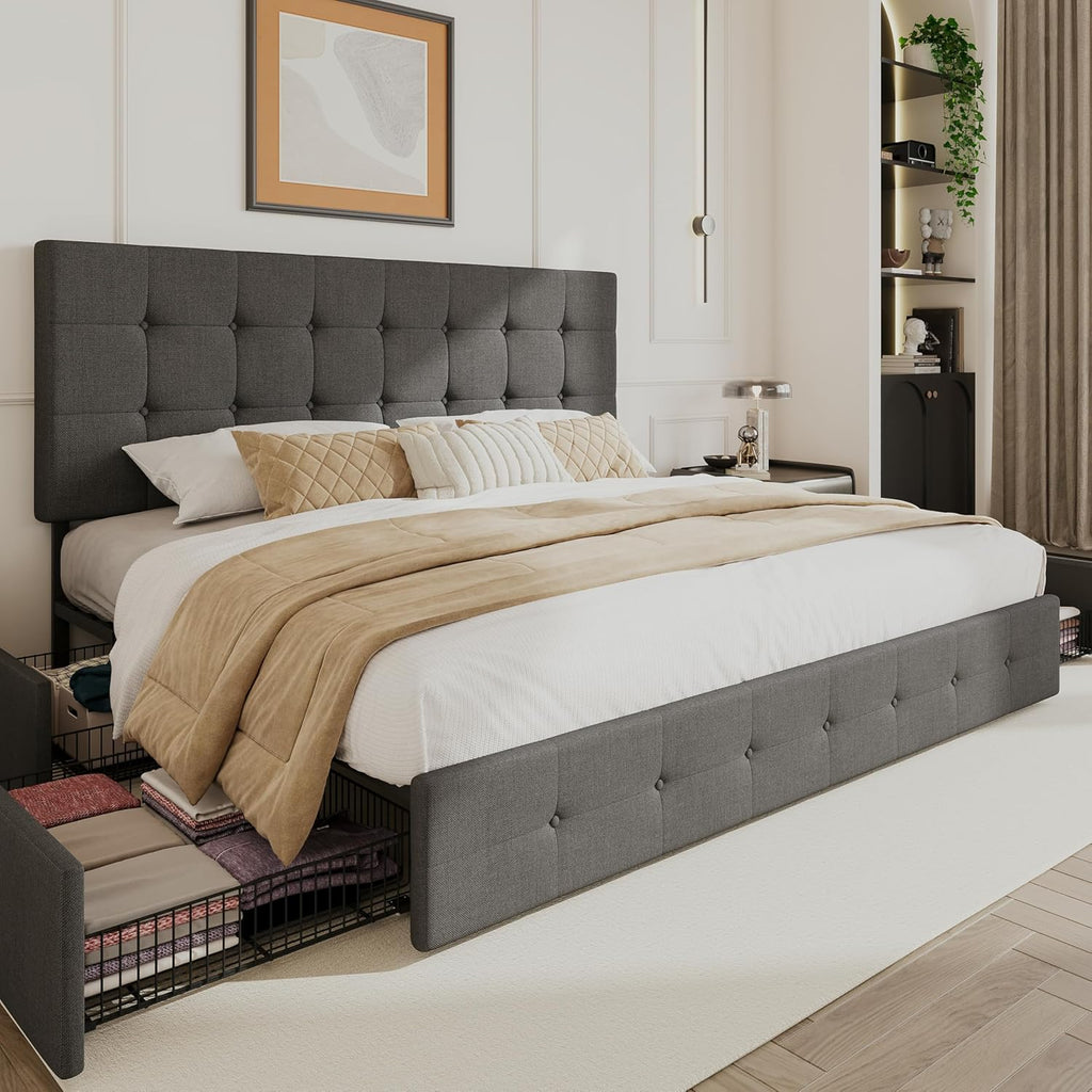 SHA CERLIN Upholstered Queen Platform Bed Frame with Adjustable Headboard and 4 Drawers Under Bed Storage, No Box Spring Needed, Diamond Stitches Button Tufted Design, Dark Grey - Grand Goldman