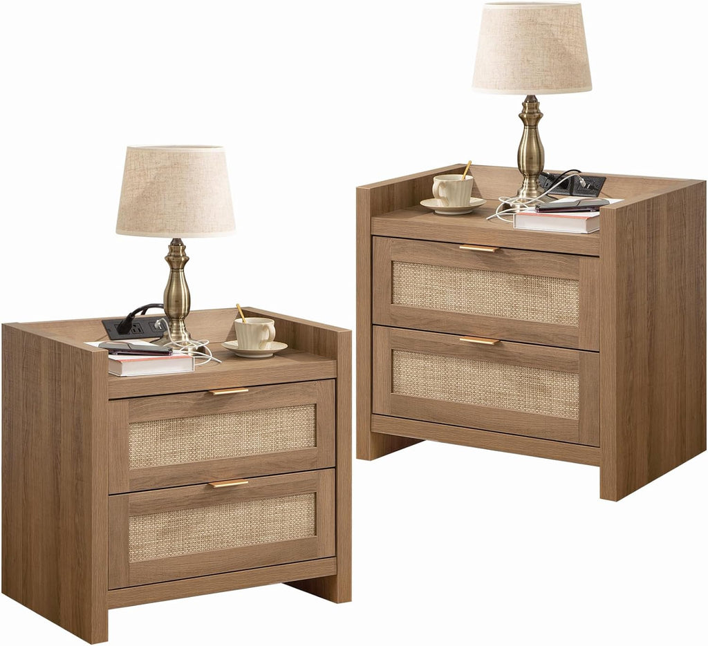 SICOTAS Night Stand Set of 2 - Rattan Nightstands with Type-C Charging Station, 2 Rattan Drawers - Boho Wood Bed Side End Table for Small Space - Natural Oak - Grand Goldman