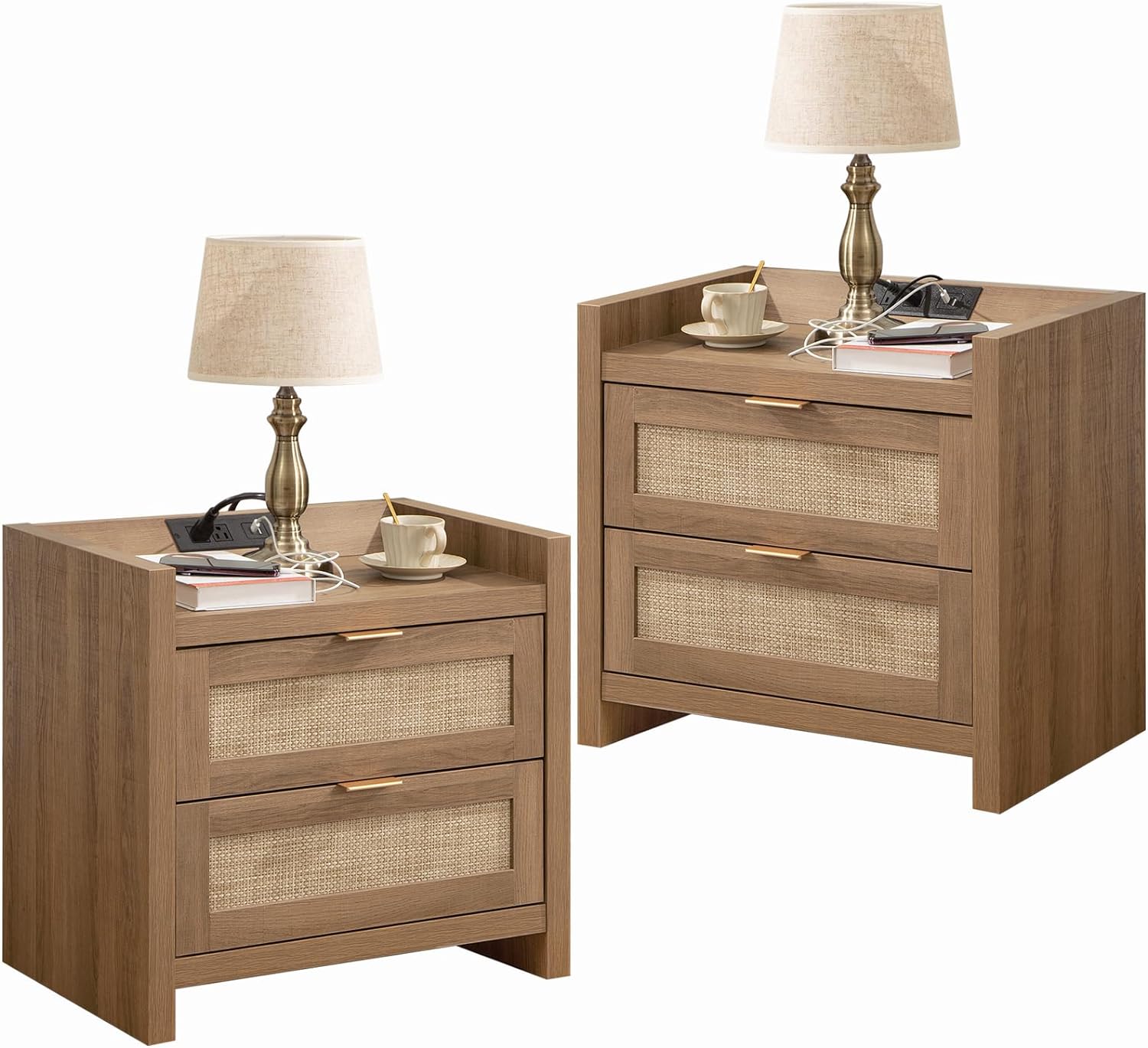 SICOTAS Night Stand Set of 2 - Rattan Nightstands with Type-C Charging Station, 2 Rattan Drawers - Boho Wood Bed Side End Table for Small Space - Natural Oak - Grand Goldman