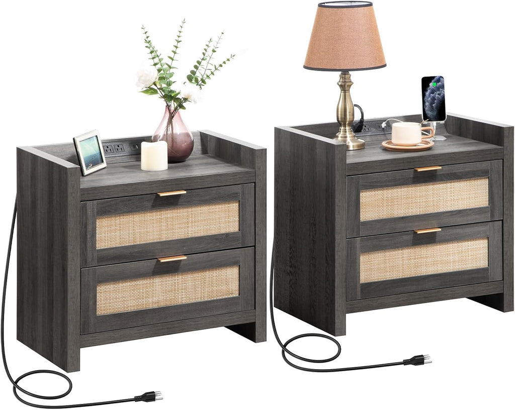 SICOTAS Night Stand Set of 2 - Rattan Nightstands with Type-C Charging Station, 2 Rattan Drawers - Boho Wood Bed Side End Table for Small Space - Natural Oak - Grand Goldman