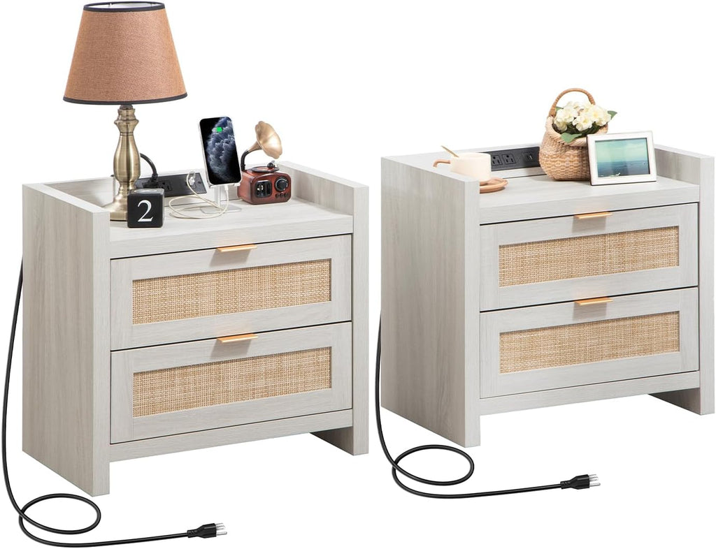 SICOTAS Night Stand Set of 2 - Rattan Nightstands with Type-C Charging Station, 2 Rattan Drawers - Boho Wood Bed Side End Table for Small Space - Natural Oak - Grand Goldman
