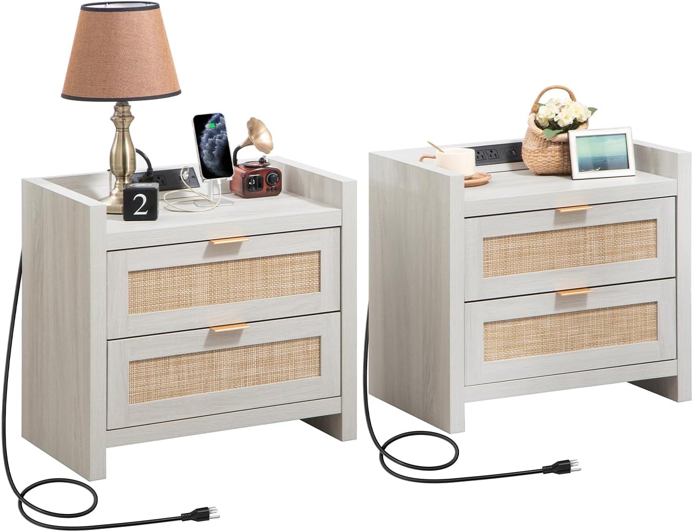 SICOTAS Night Stand Set of 2 - Rattan Nightstands with Type-C Charging Station, 2 Rattan Drawers - Boho Wood Bed Side End Table for Small Space - Natural Oak - Grand Goldman
