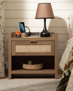 SICOTAS Night Stand Set of 2 - Rattan Nightstands with Type-C Charging Station, 2 Rattan Drawers - Boho Wood Bed Side End Table for Small Space - Natural Oak - Grand Goldman