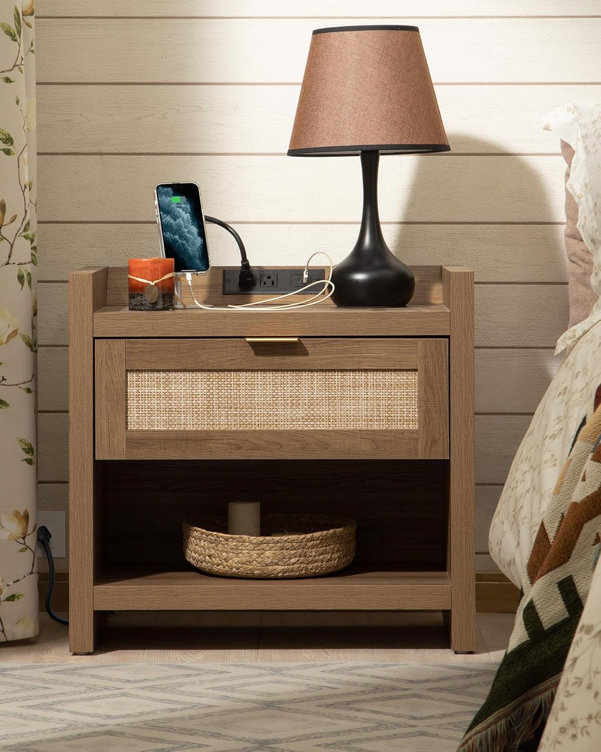 SICOTAS Night Stand Set of 2 - Rattan Nightstands with Type-C Charging Station, 2 Rattan Drawers - Boho Wood Bed Side End Table for Small Space - Natural Oak - Grand Goldman