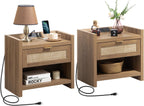 SICOTAS Night Stand Set of 2 - Rattan Nightstands with Type-C Charging Station, 2 Rattan Drawers - Boho Wood Bed Side End Table for Small Space - Natural Oak - Grand Goldman