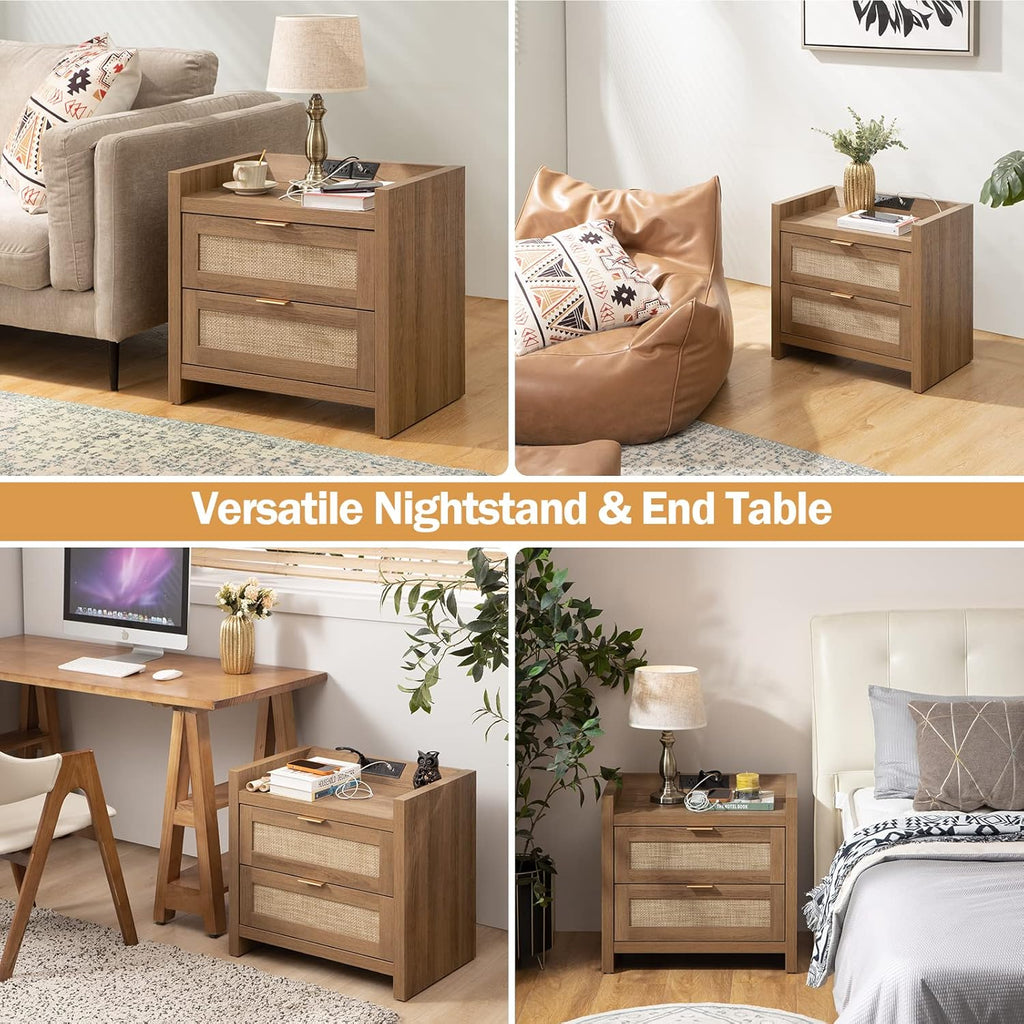 SICOTAS Night Stand Set of 2 - Rattan Nightstands with Type-C Charging Station, 2 Rattan Drawers - Boho Wood Bed Side End Table for Small Space - Natural Oak - Grand Goldman