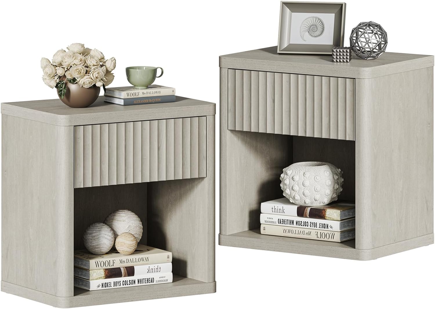 SICOTAS Night Stand Set of 2 Nightstands with Drawer Storage Bed Side Table End Table Large Modern Wood Wide Bedside Stand Mid Century Night Stands for Bedroom Living Room Sofa Couch Office (Grey) - Grand Goldman