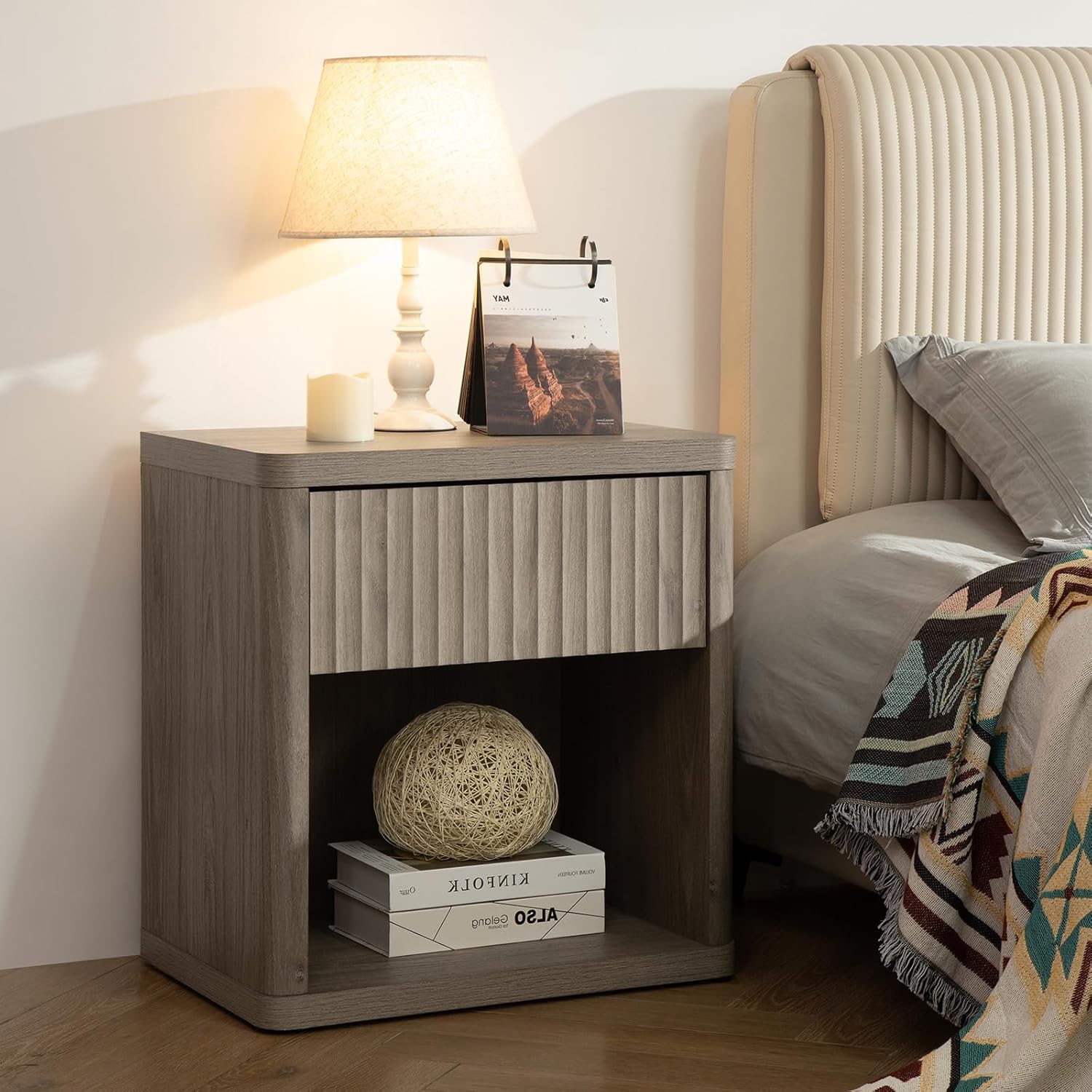 SICOTAS Night Stand Set of 2 Nightstands with Drawer Storage Bed Side Table End Table Large Modern Wood Wide Bedside Stand Mid Century Night Stands for Bedroom Living Room Sofa Couch Office (Grey) - Grand Goldman