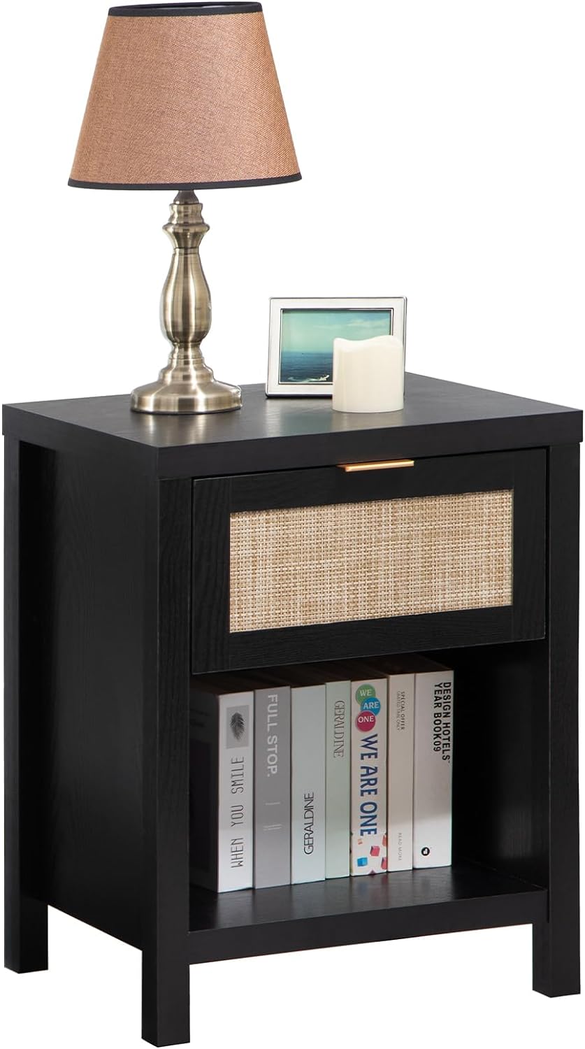 SICOTAS Rattan Nightstand Set of 2 - Farmhouse Night Stand with Drawer and Storage Shelf - Boho Bedside Table End Table Side Table Accent Table for Bedroom - Grand Goldman