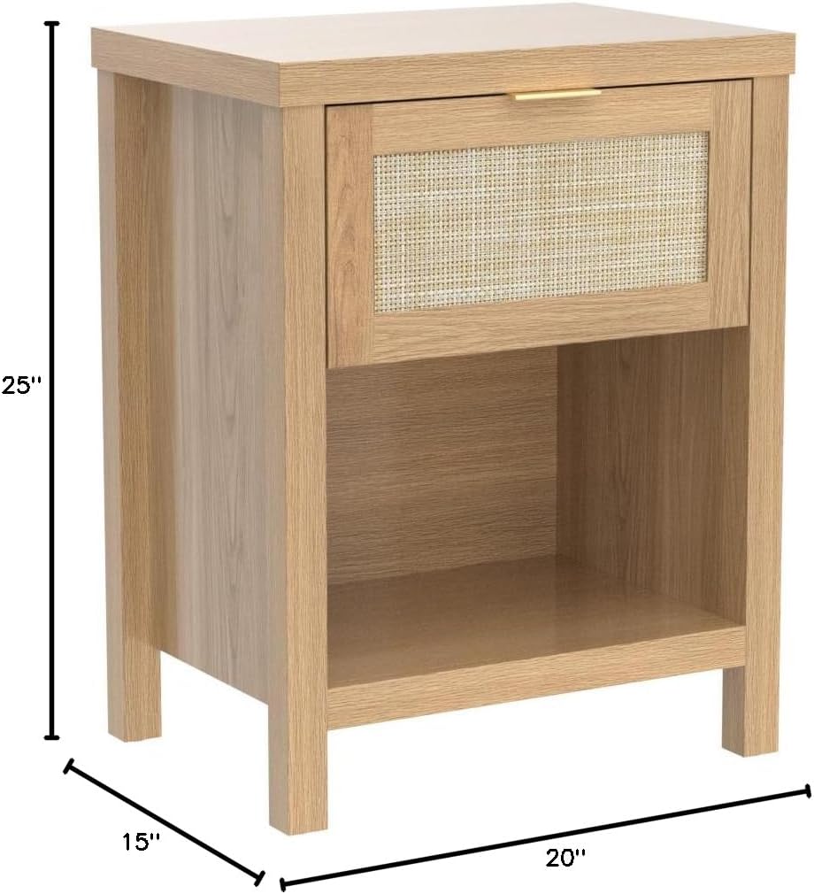 SICOTAS Rattan Nightstand Set of 2 - Farmhouse Night Stand with Drawer and Storage Shelf - Boho Bedside Table End Table Side Table Accent Table for Bedroom - Grand Goldman