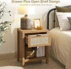 SICOTAS Rattan Nightstand Set of 2 - Farmhouse Night Stand with Drawer and Storage Shelf - Boho Bedside Table End Table Side Table Accent Table for Bedroom - Grand Goldman