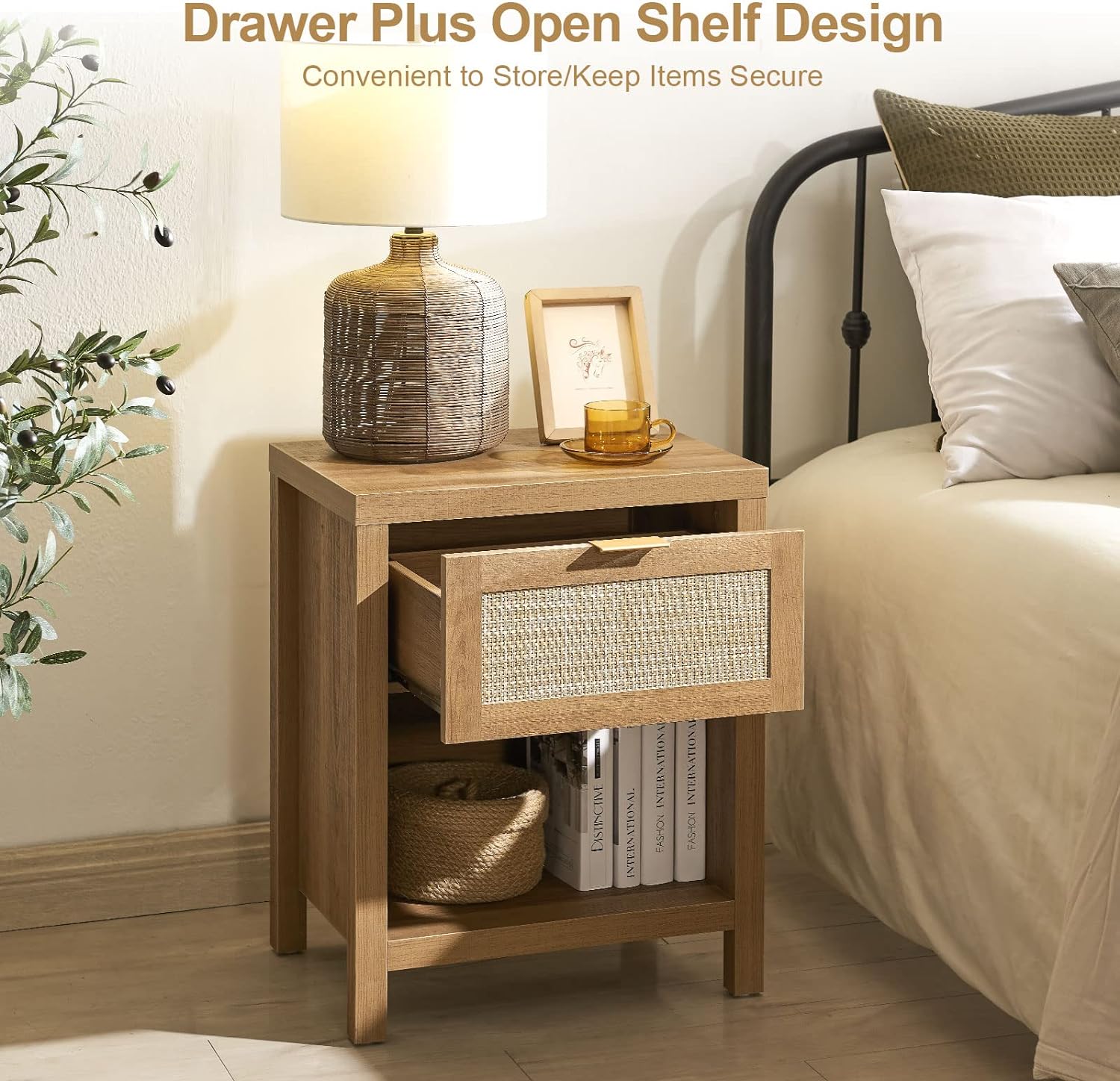 SICOTAS Rattan Nightstand Set of 2 - Farmhouse Night Stand with Drawer and Storage Shelf - Boho Bedside Table End Table Side Table Accent Table for Bedroom - Grand Goldman