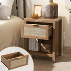 SICOTAS Rattan Nightstand Set of 2 - Farmhouse Night Stand with Drawer and Storage Shelf - Boho Bedside Table End Table Side Table Accent Table for Bedroom - Grand Goldman