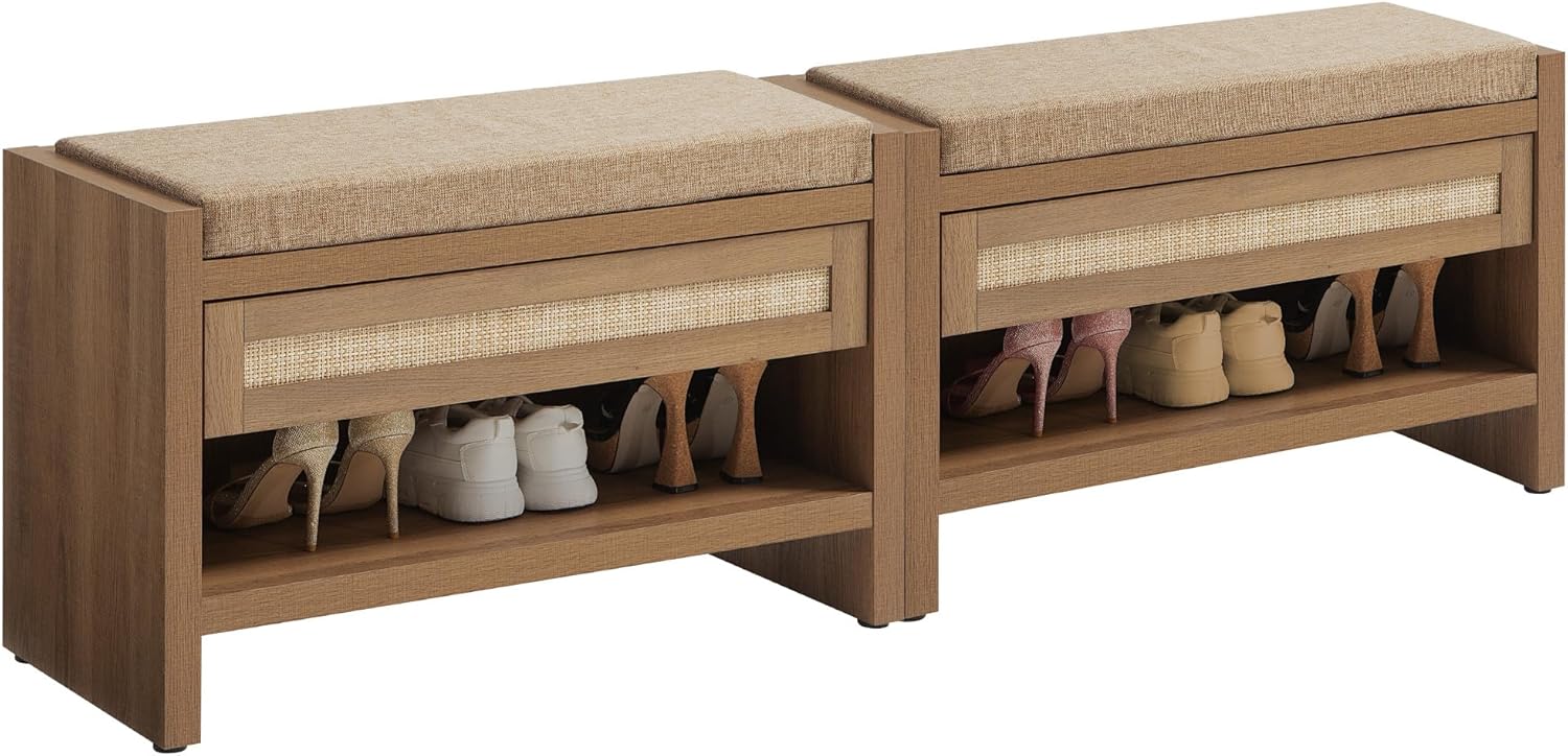 SICOTAS Rattan Shoe Bench Entryway Bench with Storage Drawer and Linen Seat Cushion, Farmhouse Boho Shoe Rack Bench with Shelf, Wooden Storage Bench for Entryway Hallway and Bedroom, Natural Oak - Grand Goldman