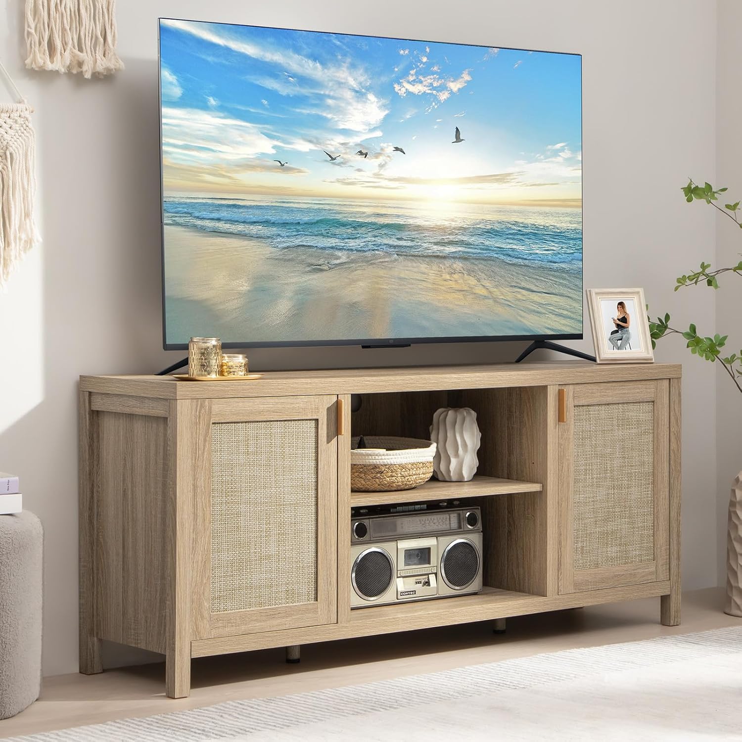 SICOTAS TV Stand for Living Room : Rattan TV Console Cabinet with Storage and Shelf, Boho Entertainment Center, 59" Media Console for 55, 65 Inch TV, 26" Tall Wood Television Stands, Oak - Grand Goldman