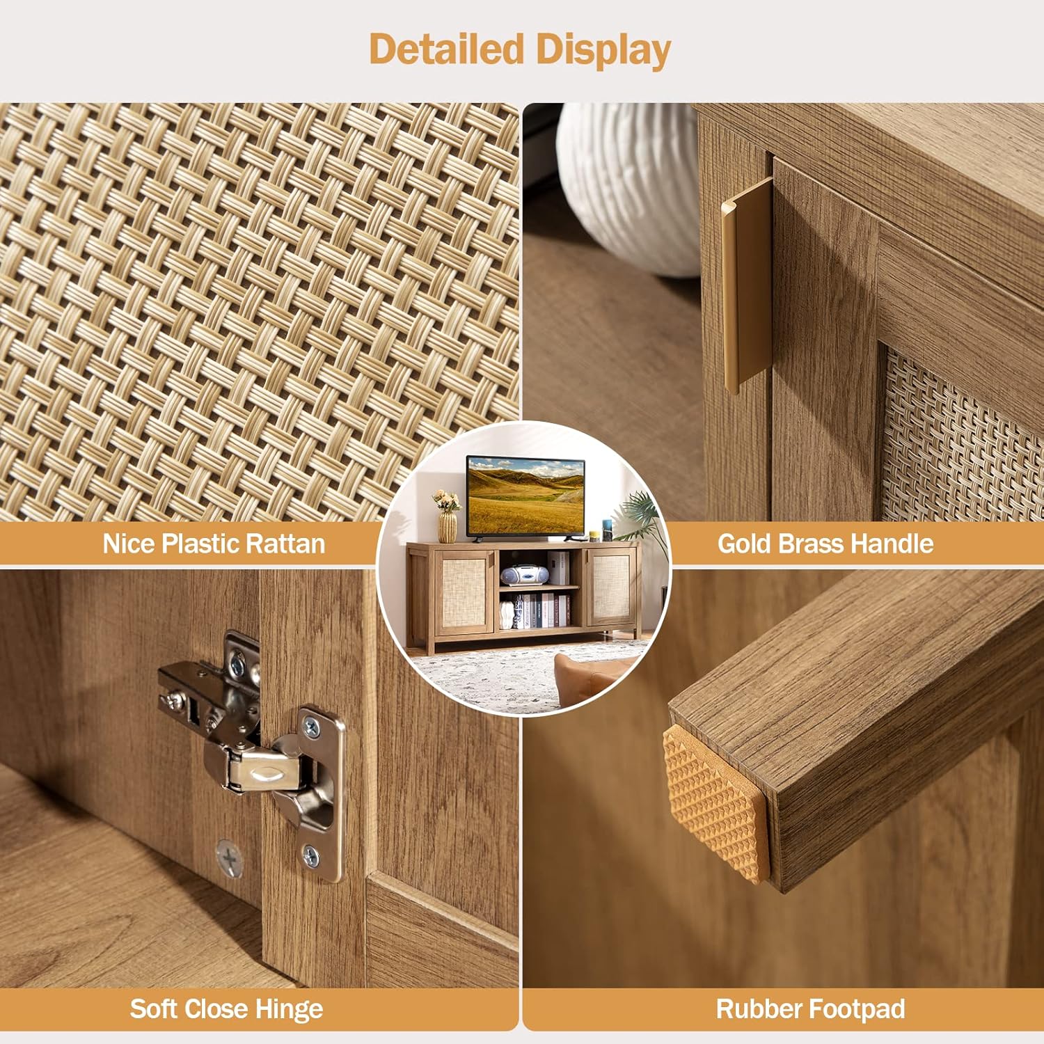 SICOTAS TV Stand for Living Room : Rattan TV Console Cabinet with Storage and Shelf, Boho Entertainment Center, 59" Media Console for 55, 65 Inch TV, 26" Tall Wood Television Stands, Oak - Grand Goldman