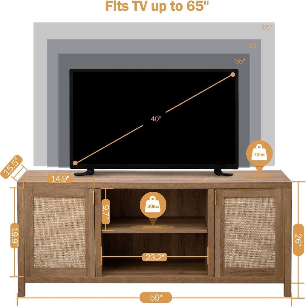 SICOTAS TV Stand for Living Room : Rattan TV Console Cabinet with Storage and Shelf, Boho Entertainment Center, 59" Media Console for 55, 65 Inch TV, 26" Tall Wood Television Stands, Oak - Grand Goldman