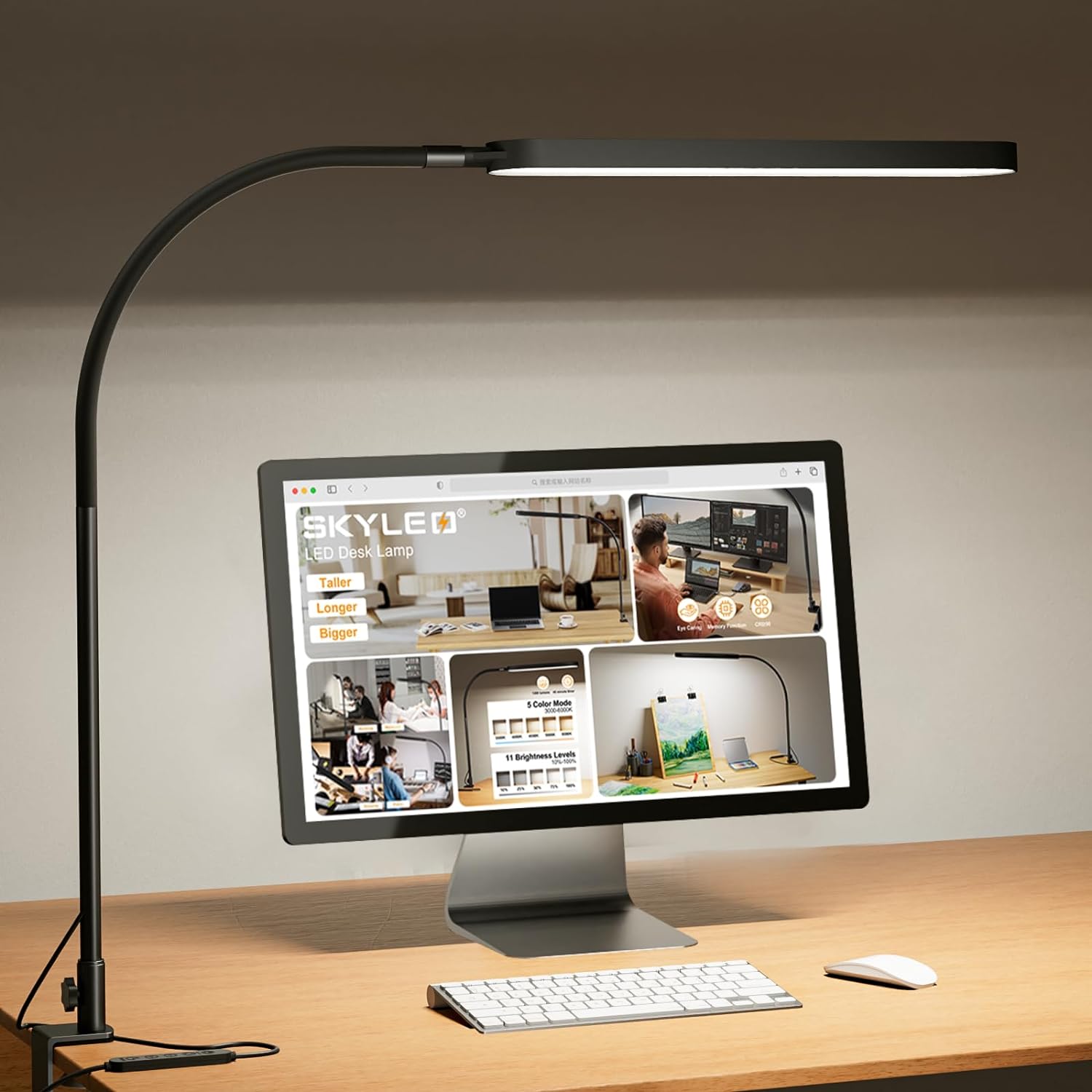SKYLEO Led Desk Lamp - Desk Light for 31.5" Tall - 5 Color Modes X 11 Brightness Levels - Adjustable Swing Arm - Timmer & Memory Function - 12W Lamp for Desk - Black - Grand Goldman