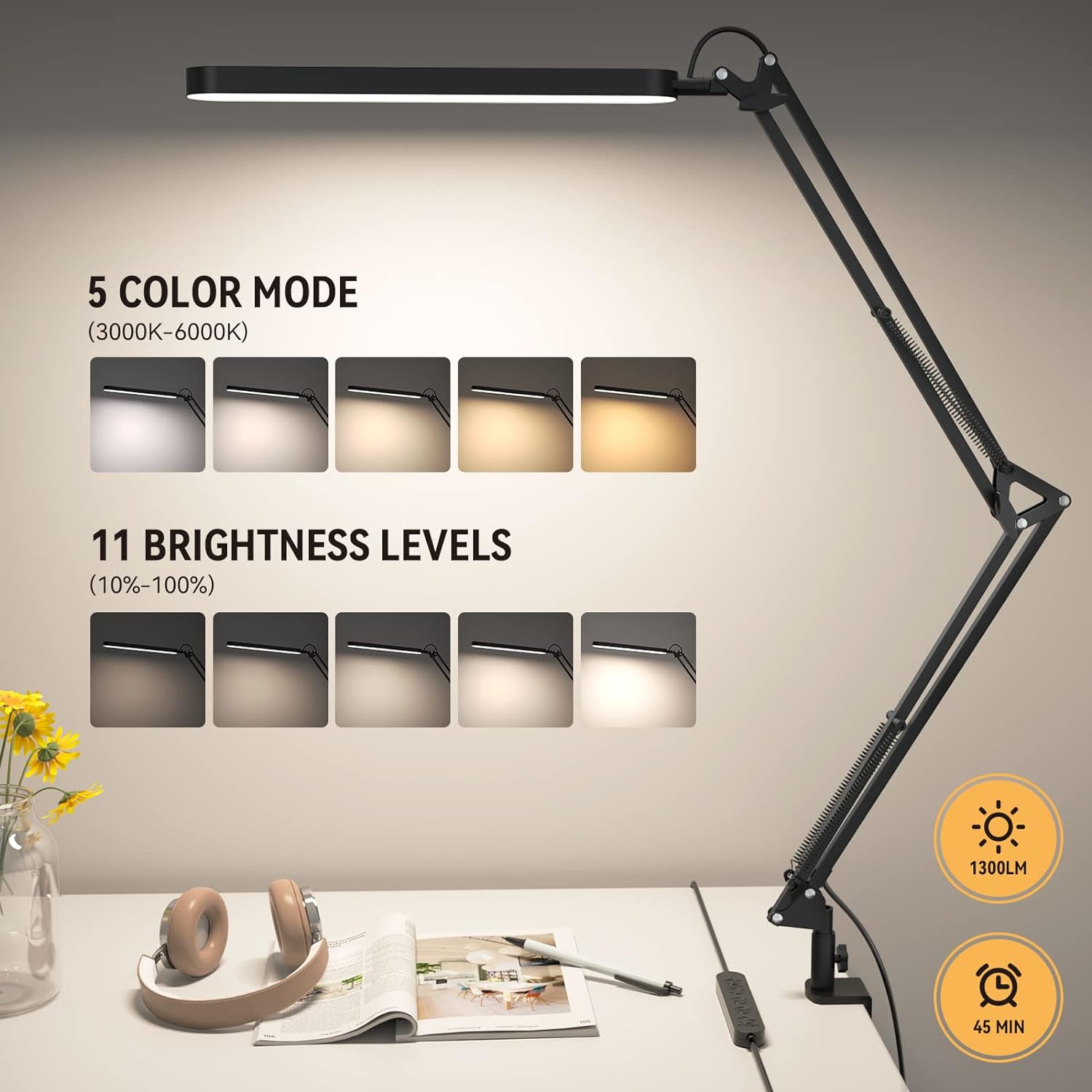 SKYLEO Led Desk Lamp - Desk Light for 31.5" Tall - 5 Color Modes X 11 Brightness Levels - Adjustable Swing Arm - Timmer & Memory Function - 12W Lamp for Desk - Black - Grand Goldman