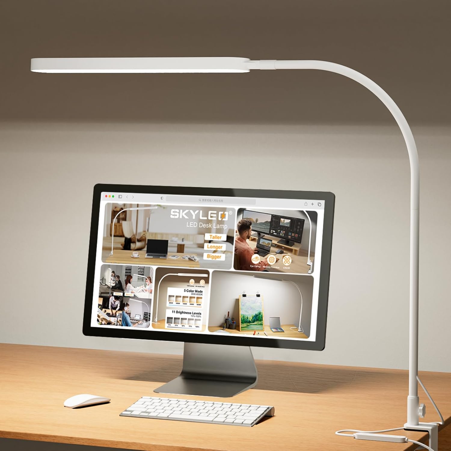 SKYLEO Led Desk Lamp - Desk Light for 31.5" Tall - 5 Color Modes X 11 Brightness Levels - Adjustable Swing Arm - Timmer & Memory Function - 12W Lamp for Desk - Black - Grand Goldman