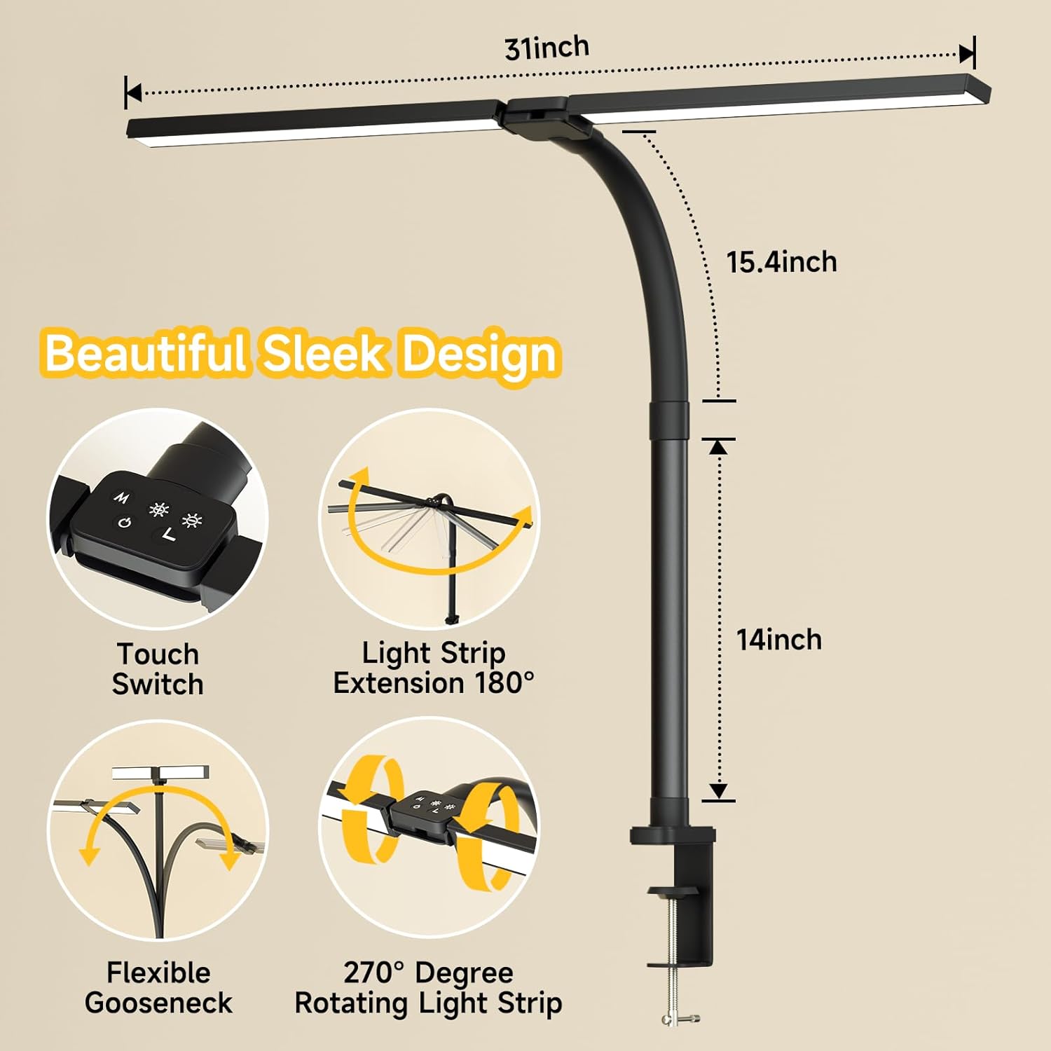 SKYLEO Led Desk Lamp for Home Office - Eye Caring Architect Desk Light with Clamp - Computer Monitor Light with Stepless Dimming Touch Control - 5 Color 24W - 2400LM Timing - Memory Function - Black - Grand Goldman