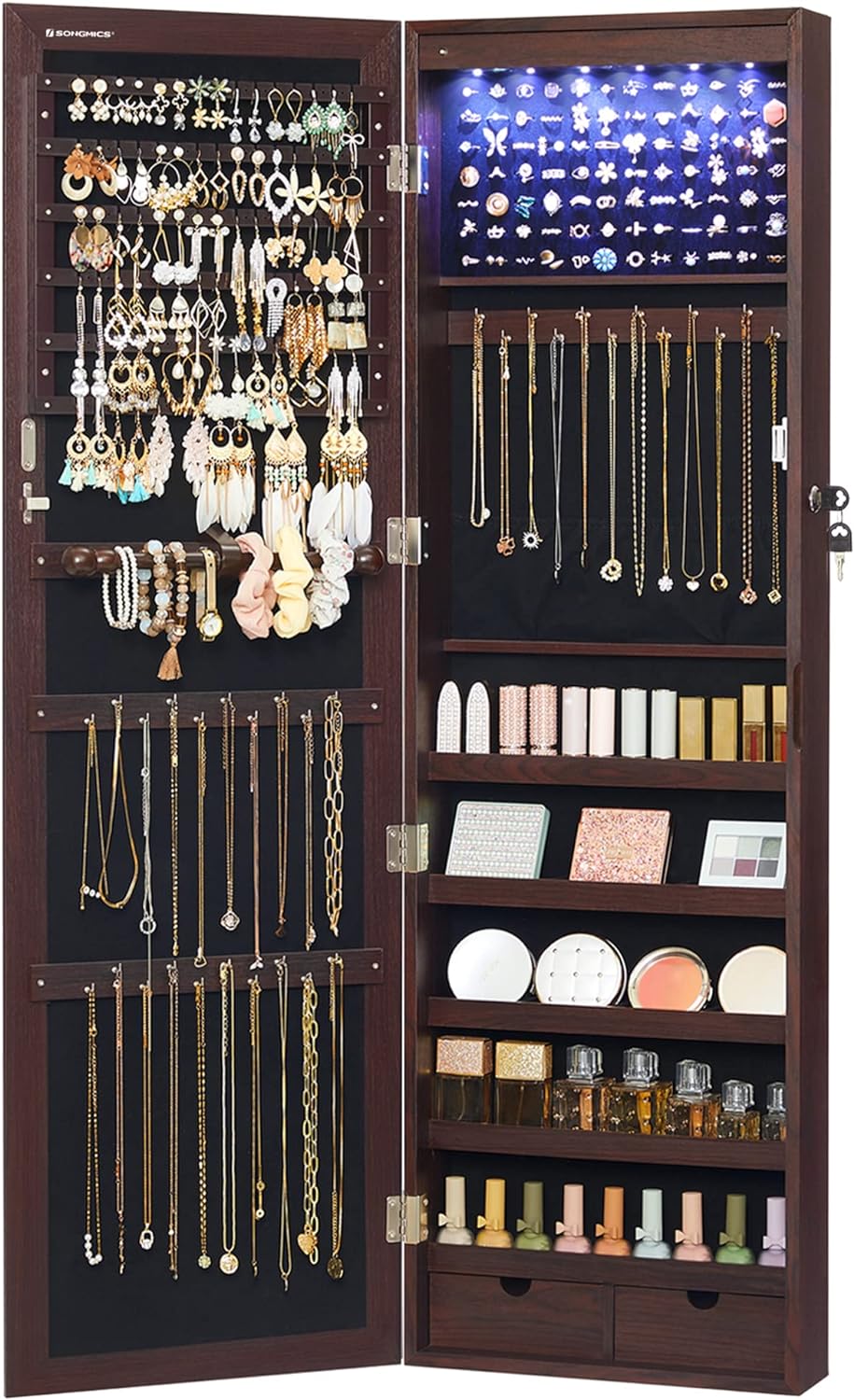 SONGMICS 6 LEDs Mirror Jewelry Cabinet, 47.2-Inch Tall Lockable Wall or Door Mounted Jewelry Armoire Organizer with Mirror, 2 Drawers, Christmas Gifts,3.9 x 14.6 x 47.2 Inches, White UJJC93W - Grand Goldman