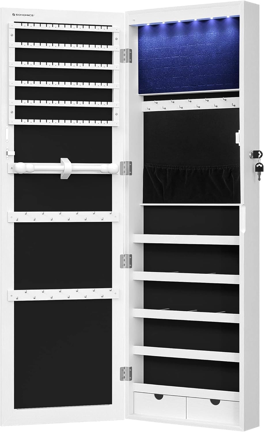 SONGMICS 6 LEDs Mirror Jewelry Cabinet, 47.2-Inch Tall Lockable Wall or Door Mounted Jewelry Armoire Organizer with Mirror, 2 Drawers, Christmas Gifts,3.9 x 14.6 x 47.2 Inches, White UJJC93W - Grand Goldman