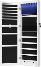 SONGMICS 6 LEDs Mirror Jewelry Cabinet, 47.2-Inch Tall Lockable Wall or Door Mounted Jewelry Armoire Organizer with Mirror, 2 Drawers, Christmas Gifts,3.9 x 14.6 x 47.2 Inches, White UJJC93W - Grand Goldman