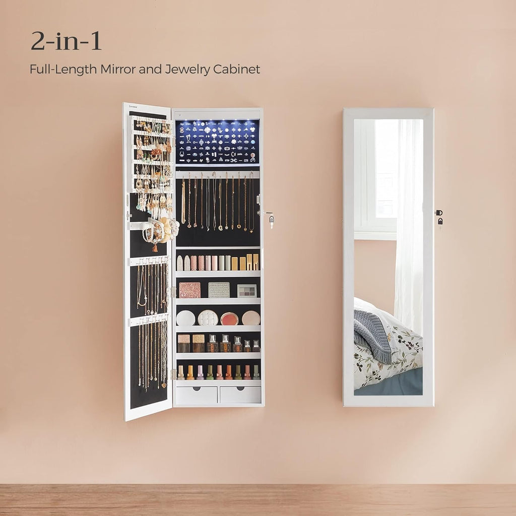 SONGMICS 6 LEDs Mirror Jewelry Cabinet, 47.2-Inch Tall Lockable Wall or Door Mounted Jewelry Armoire Organizer with Mirror, 2 Drawers, Christmas Gifts,3.9 x 14.6 x 47.2 Inches, White UJJC93W - Grand Goldman