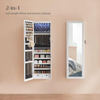 SONGMICS 6 LEDs Mirror Jewelry Cabinet, 47.2-Inch Tall Lockable Wall or Door Mounted Jewelry Armoire Organizer with Mirror, 2 Drawers, Christmas Gifts,3.9 x 14.6 x 47.2 Inches, White UJJC93W - Grand Goldman