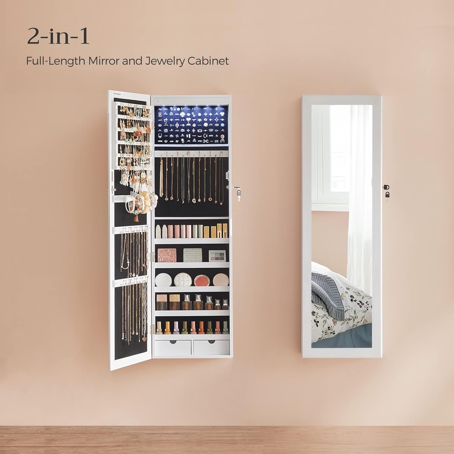 SONGMICS 6 LEDs Mirror Jewelry Cabinet, 47.2-Inch Tall Lockable Wall or Door Mounted Jewelry Armoire Organizer with Mirror, 2 Drawers, Christmas Gifts,3.9 x 14.6 x 47.2 Inches, White UJJC93W - Grand Goldman