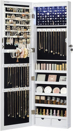 SONGMICS 6 LEDs Mirror Jewelry Cabinet, 47.2-Inch Tall Lockable Wall or Door Mounted Jewelry Armoire Organizer with Mirror, 2 Drawers, Christmas Gifts,3.9 x 14.6 x 47.2 Inches, White UJJC93W - Grand Goldman
