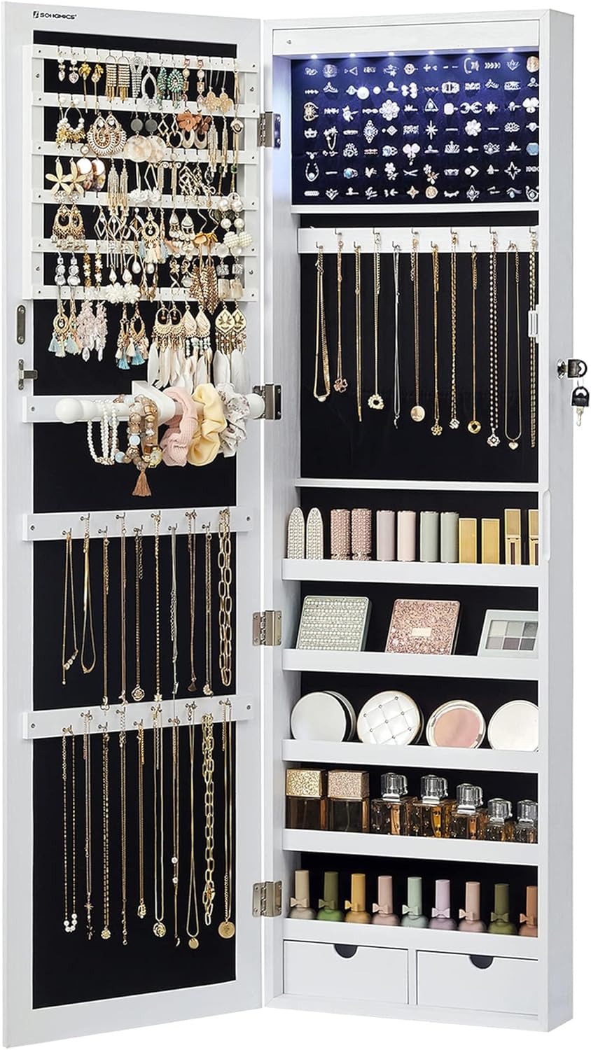 SONGMICS 6 LEDs Mirror Jewelry Cabinet, 47.2-Inch Tall Lockable Wall or Door Mounted Jewelry Armoire Organizer with Mirror, 2 Drawers, Christmas Gifts,3.9 x 14.6 x 47.2 Inches, White UJJC93W - Grand Goldman