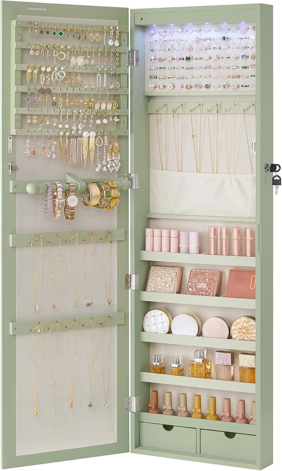 SONGMICS 6 LEDs Mirror Jewelry Cabinet, 47.2-Inch Tall Lockable Wall or Door Mounted Jewelry Armoire Organizer with Mirror, 2 Drawers, Christmas Gifts,3.9 x 14.6 x 47.2 Inches, White UJJC93W - Grand Goldman