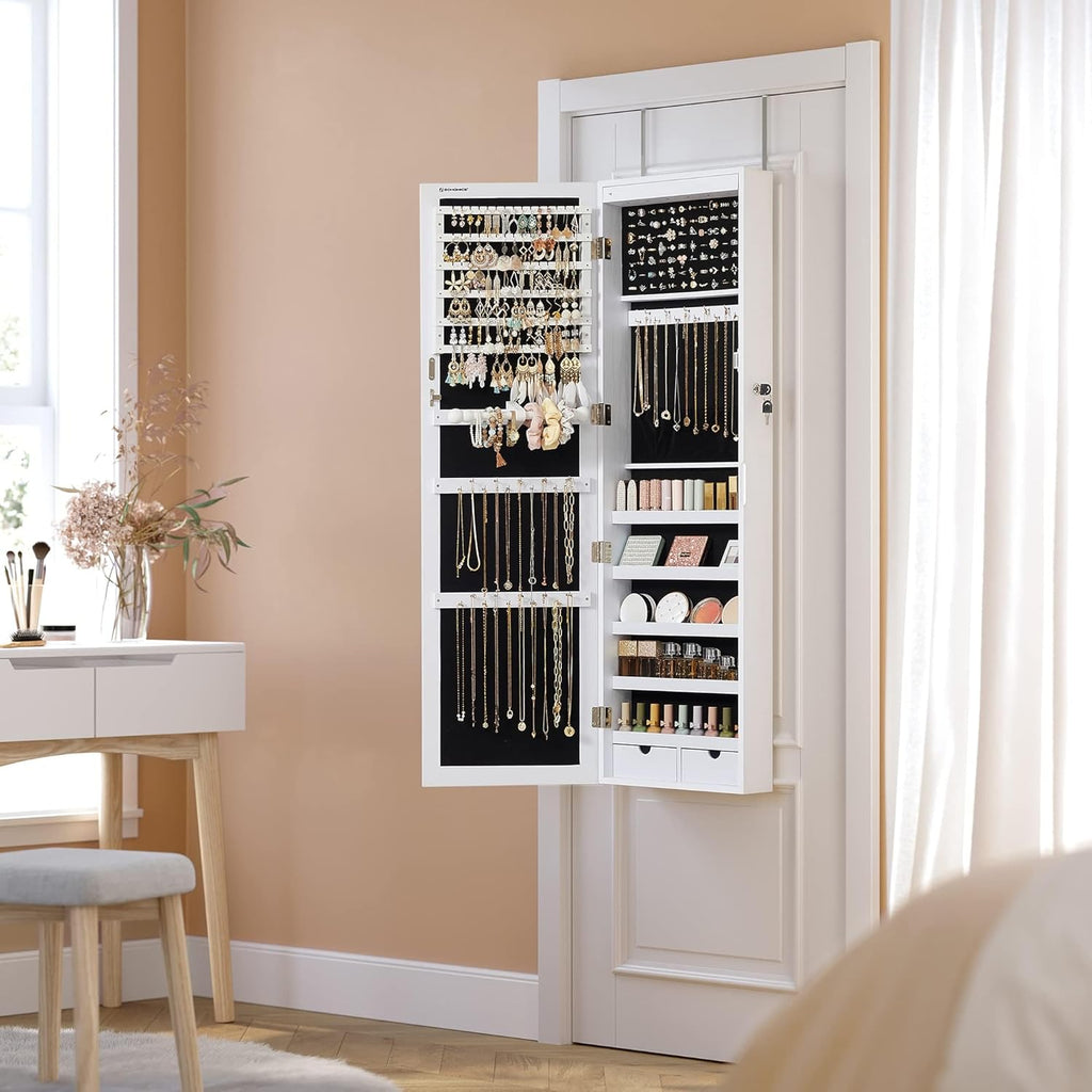 SONGMICS 6 LEDs Mirror Jewelry Cabinet, 47.2-Inch Tall Lockable Wall or Door Mounted Jewelry Armoire Organizer with Mirror, 2 Drawers, Christmas Gifts,3.9 x 14.6 x 47.2 Inches, White UJJC93W - Grand Goldman