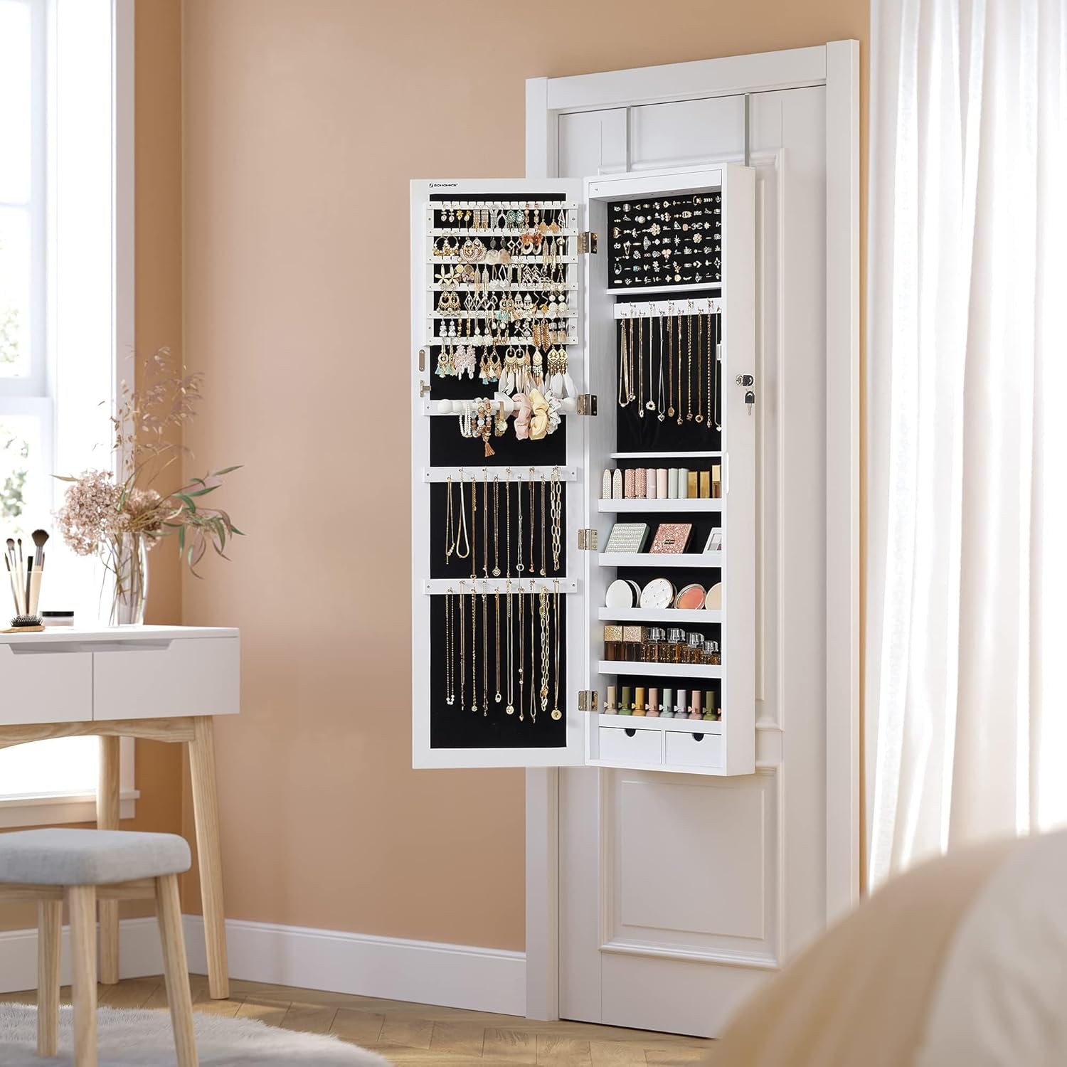 SONGMICS 6 LEDs Mirror Jewelry Cabinet, 47.2-Inch Tall Lockable Wall or Door Mounted Jewelry Armoire Organizer with Mirror, 2 Drawers, Christmas Gifts,3.9 x 14.6 x 47.2 Inches, White UJJC93W - Grand Goldman