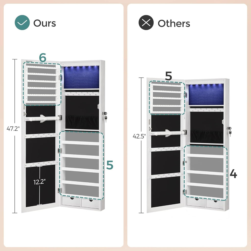 SONGMICS 6 LEDs Mirror Jewelry Cabinet, 47.2-Inch Tall Lockable Wall or Door Mounted Jewelry Armoire Organizer with Mirror, 2 Drawers, Christmas Gifts,3.9 x 14.6 x 47.2 Inches, White UJJC93W - Grand Goldman