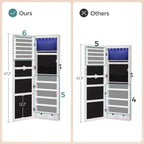 SONGMICS 6 LEDs Mirror Jewelry Cabinet, 47.2-Inch Tall Lockable Wall or Door Mounted Jewelry Armoire Organizer with Mirror, 2 Drawers, Christmas Gifts,3.9 x 14.6 x 47.2 Inches, White UJJC93W - Grand Goldman