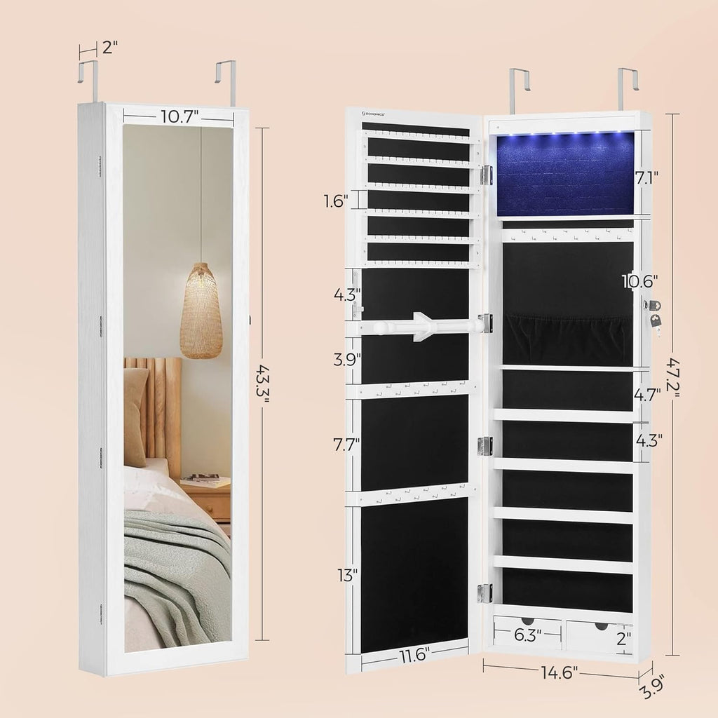 SONGMICS 6 LEDs Mirror Jewelry Cabinet, 47.2-Inch Tall Lockable Wall or Door Mounted Jewelry Armoire Organizer with Mirror, 2 Drawers, Christmas Gifts,3.9 x 14.6 x 47.2 Inches, White UJJC93W - Grand Goldman