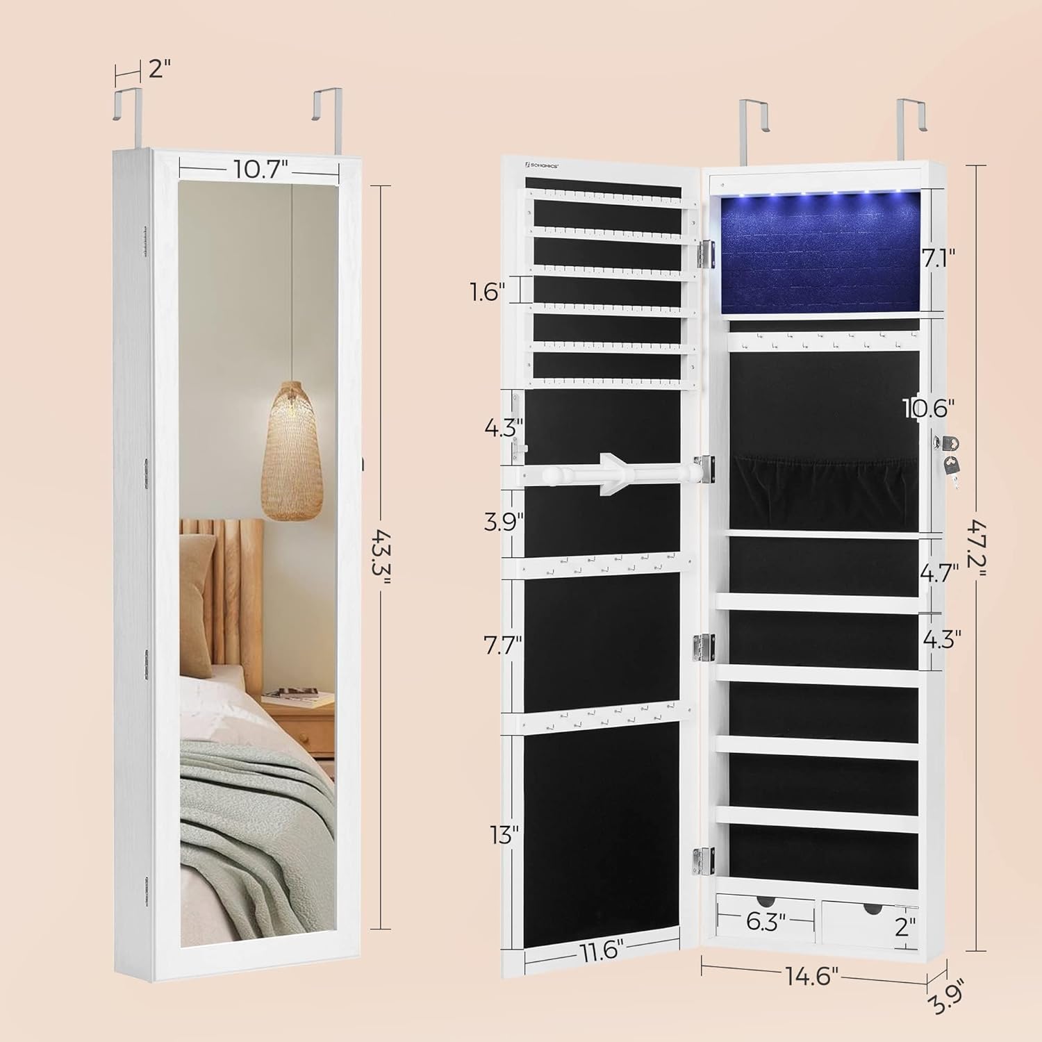 SONGMICS 6 LEDs Mirror Jewelry Cabinet, 47.2-Inch Tall Lockable Wall or Door Mounted Jewelry Armoire Organizer with Mirror, 2 Drawers, Christmas Gifts,3.9 x 14.6 x 47.2 Inches, White UJJC93W - Grand Goldman